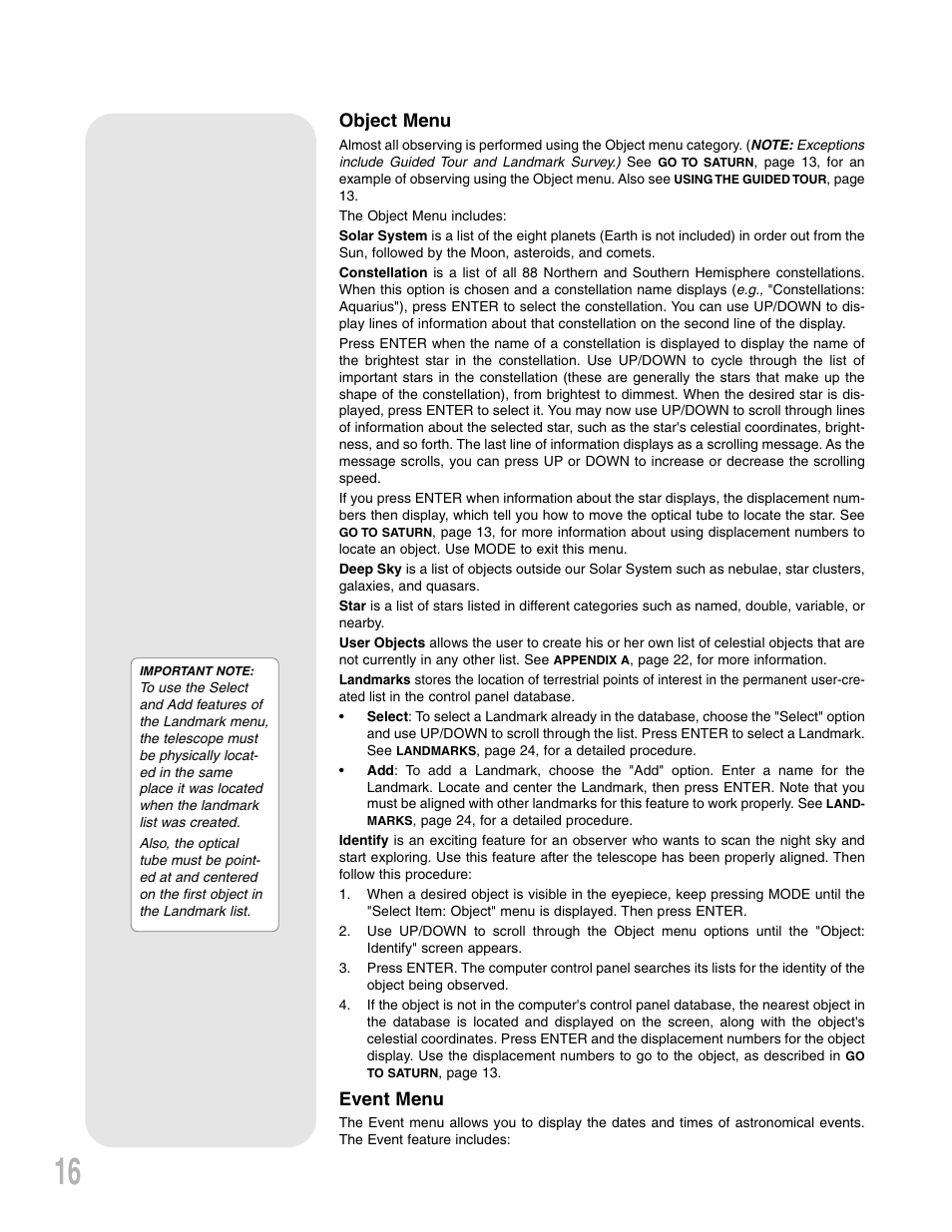 Object menu, Event menu | Meade Instruments NG-Series User Manual | Page 16 / 28