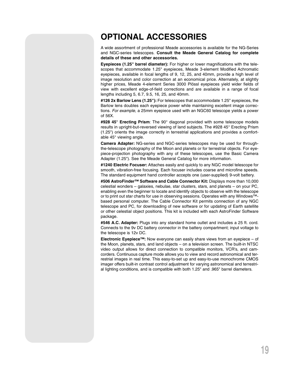 Optional accessories | Meade Instruments NG-Series User Manual | Page 19 / 28