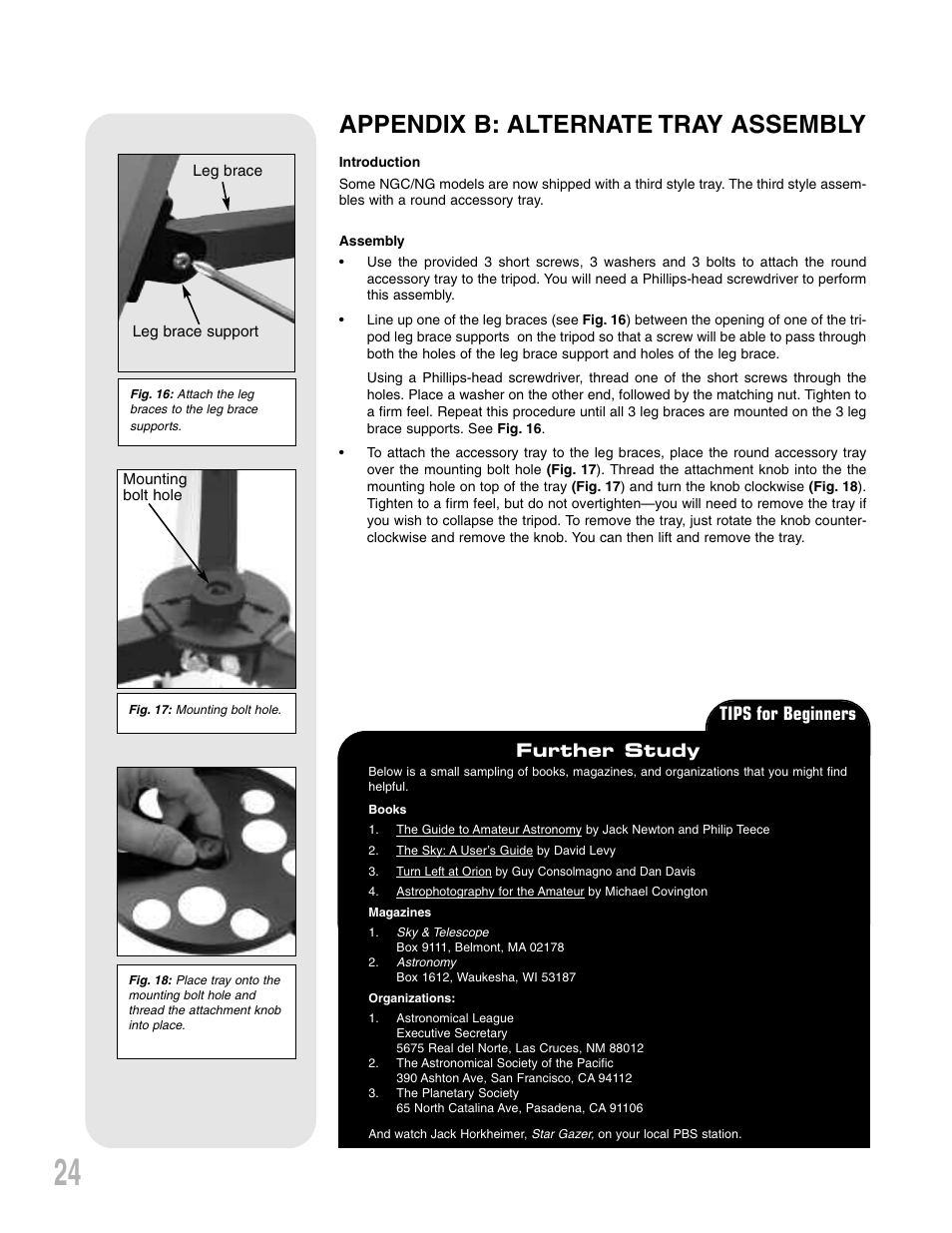 Appendix b: alternate tray assembly, Tips for beginners further study | Meade Instruments NG-Series User Manual | Page 24 / 28
