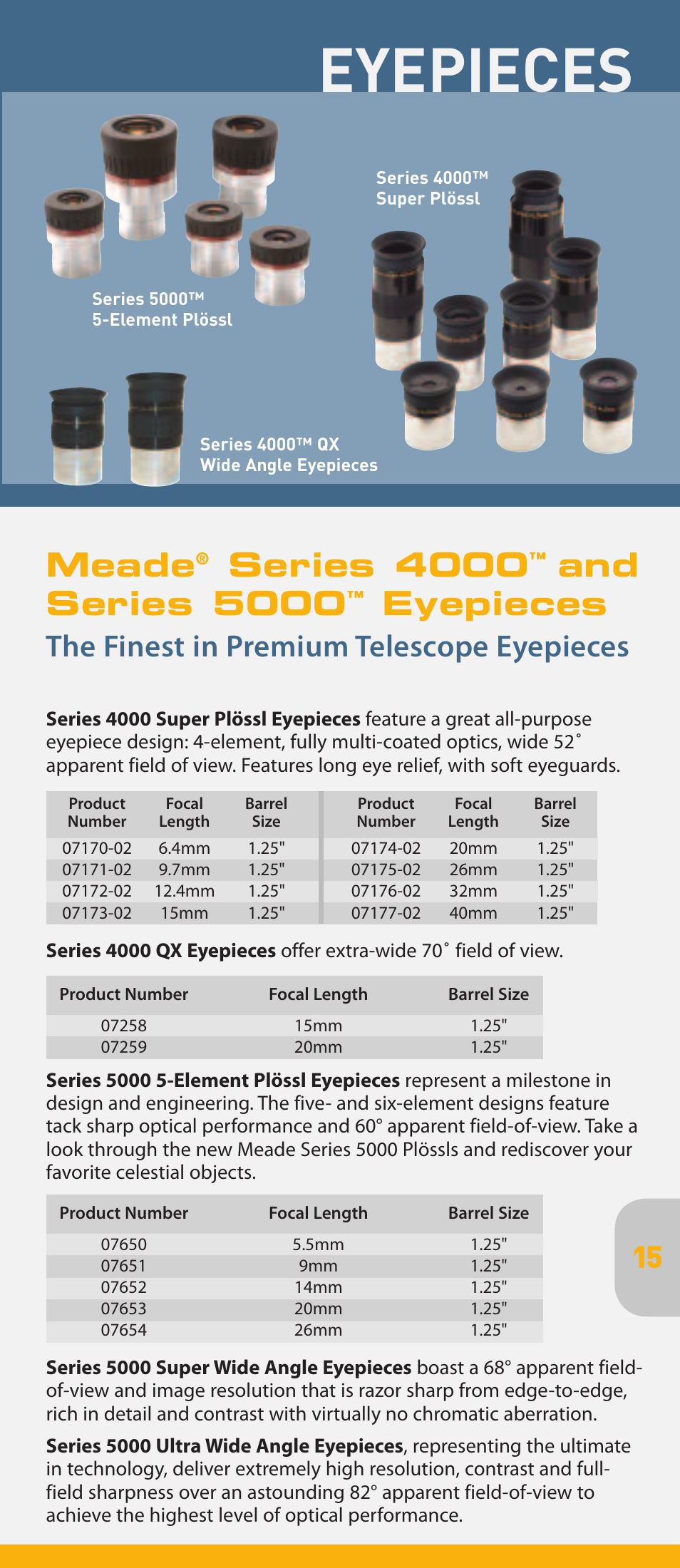 Meade, Series 4000, And series 5000 | Eyepieces, The finest in premium telescope eyepieces | Meade Instruments pmn User Manual | Page 15 / 20