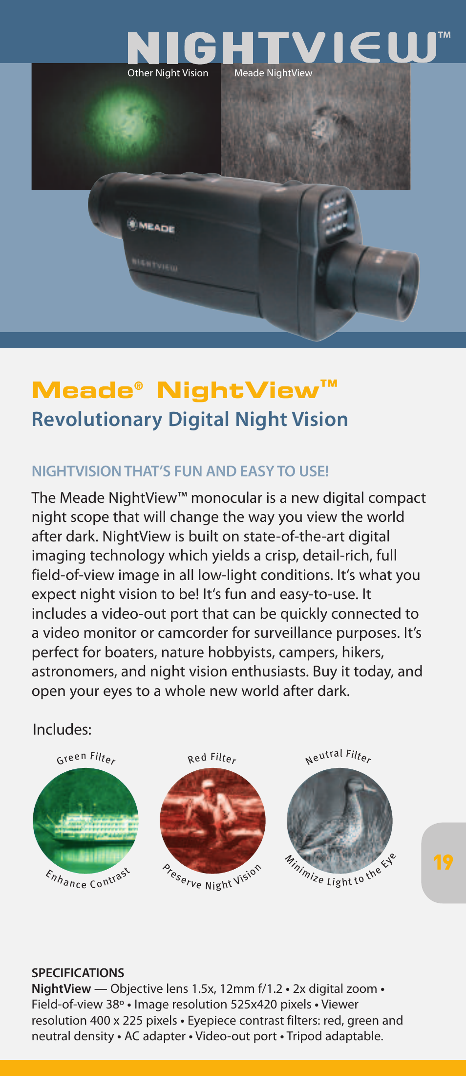 Meade, Nightview, Revolutionary digital night vision | Includes | Meade Instruments pmn User Manual | Page 19 / 20