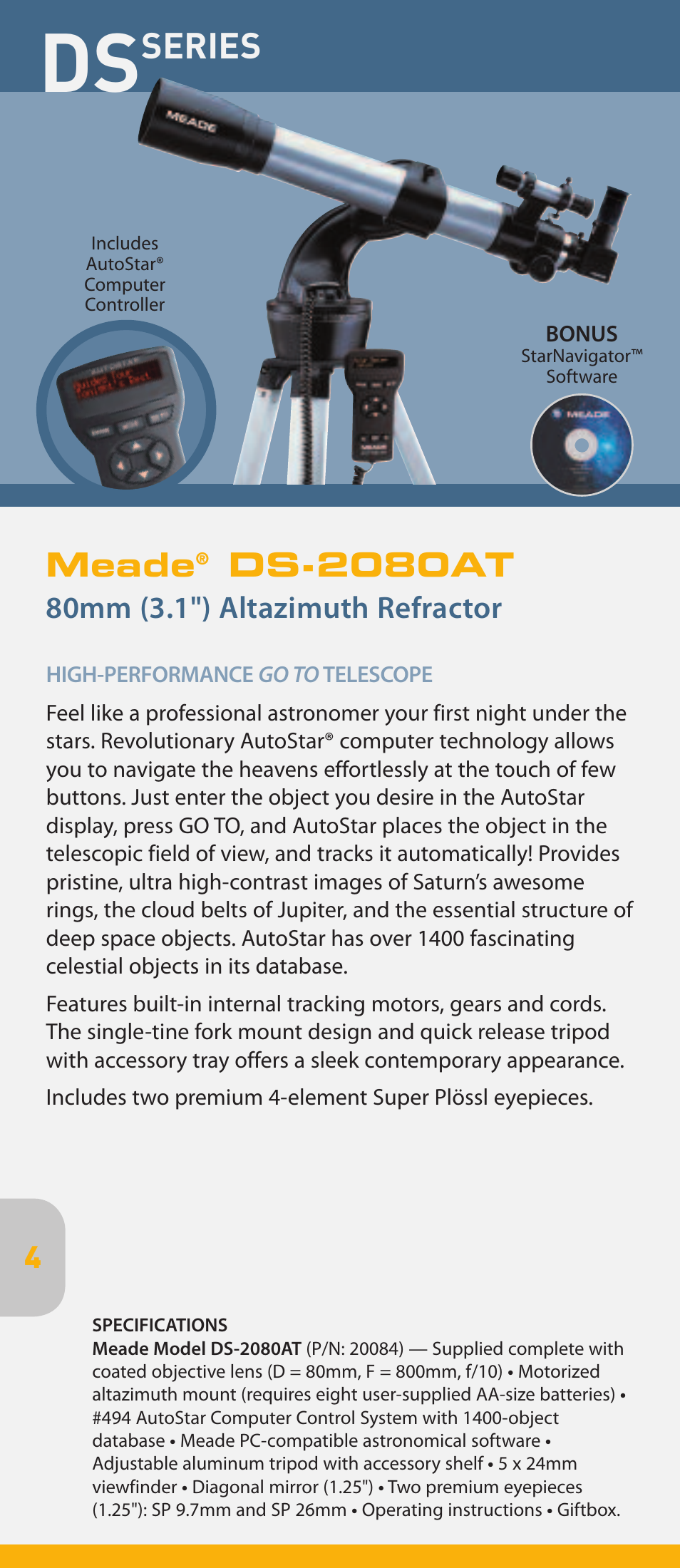 Series, Meade, Ds-2080at | 80mm (3.1") altazimuth refractor | Meade Instruments pmn User Manual | Page 4 / 20