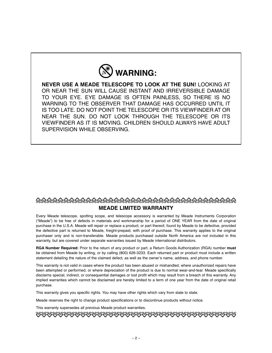 Warning | Meade Instruments 70AZ-ADS User Manual | Page 2 / 12