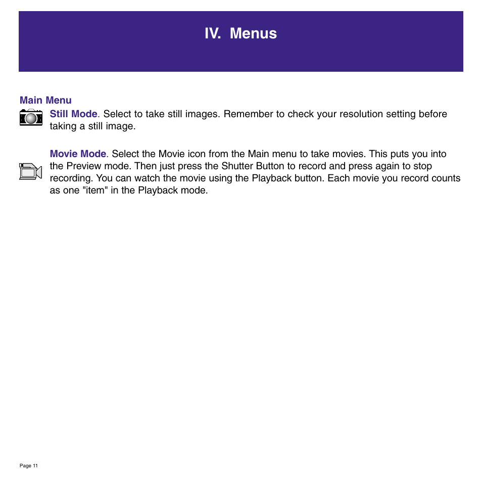 Iv. menus | Meade Instruments 8 x 42 2.0D CaptureView TM Integrated Binocular and Digital Camera User Manual | Page 11 / 24