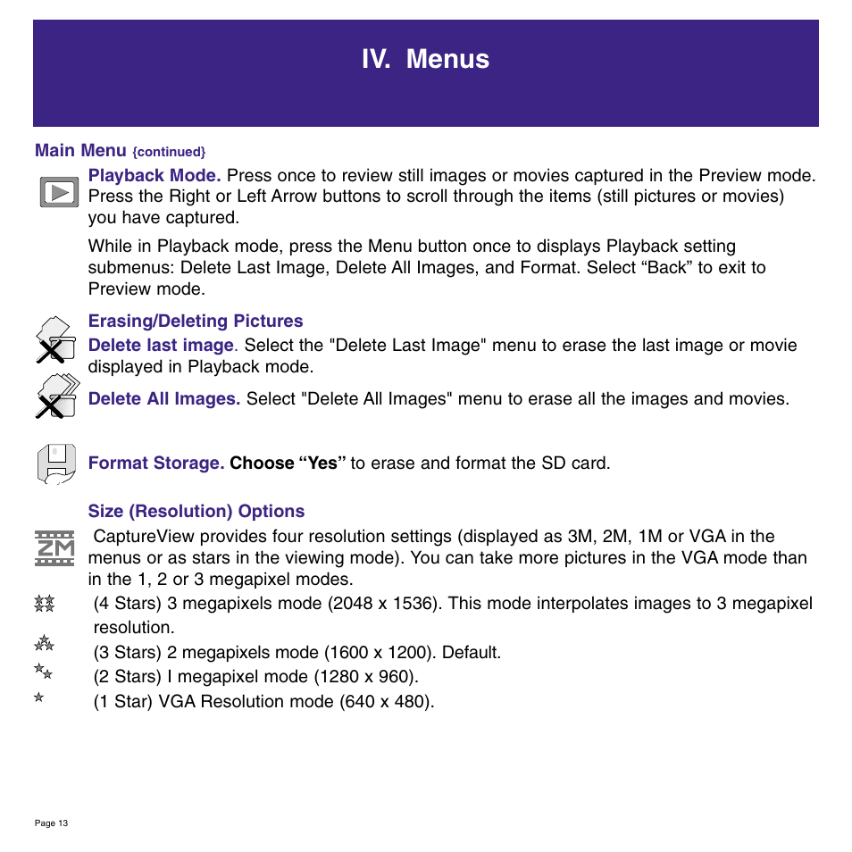 Iv. menus | Meade Instruments 8 x 42 2.0D CaptureView TM Integrated Binocular and Digital Camera User Manual | Page 13 / 24