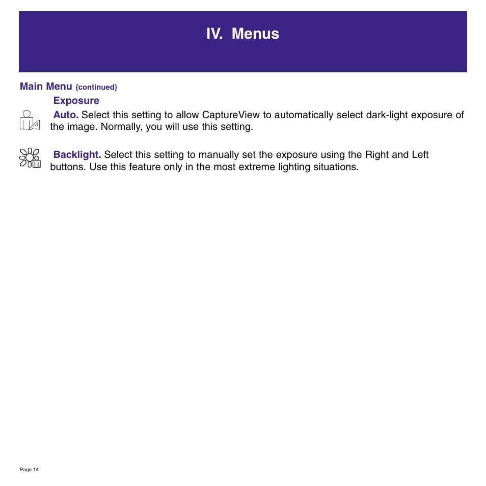 Iv. menus | Meade Instruments 8 x 42 2.0D CaptureView TM Integrated Binocular and Digital Camera User Manual | Page 14 / 24