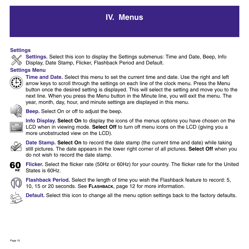 Iv. menus | Meade Instruments 8 x 42 2.0D CaptureView TM Integrated Binocular and Digital Camera User Manual | Page 15 / 24