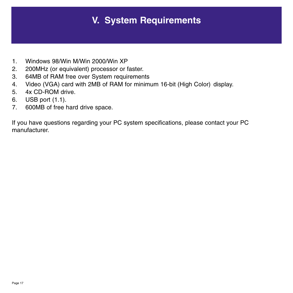 V. system requirements | Meade Instruments 8 x 42 2.0D CaptureView TM Integrated Binocular and Digital Camera User Manual | Page 17 / 24