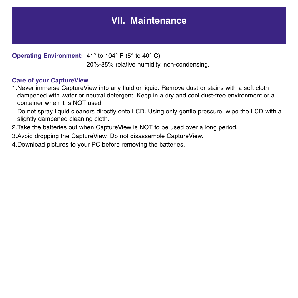 Vii. maintenance | Meade Instruments 8 x 42 2.0D CaptureView TM Integrated Binocular and Digital Camera User Manual | Page 21 / 24