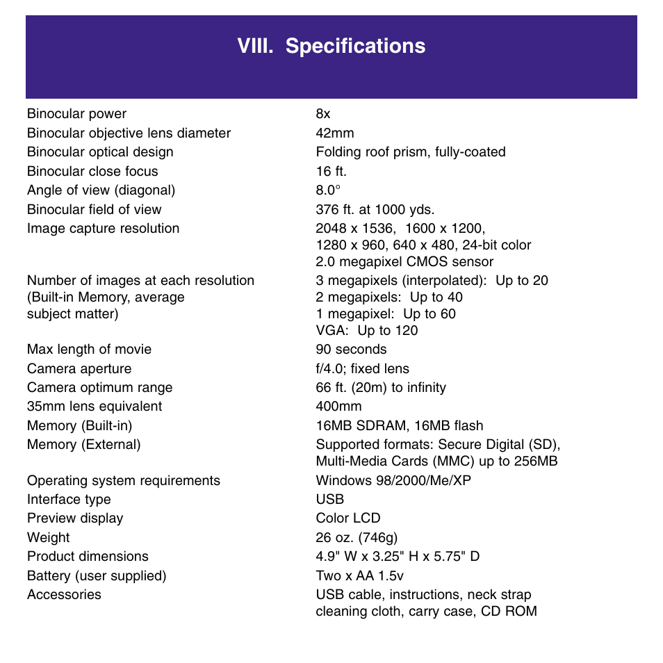 Viii. specifications | Meade Instruments 8 x 42 2.0D CaptureView TM Integrated Binocular and Digital Camera User Manual | Page 22 / 24