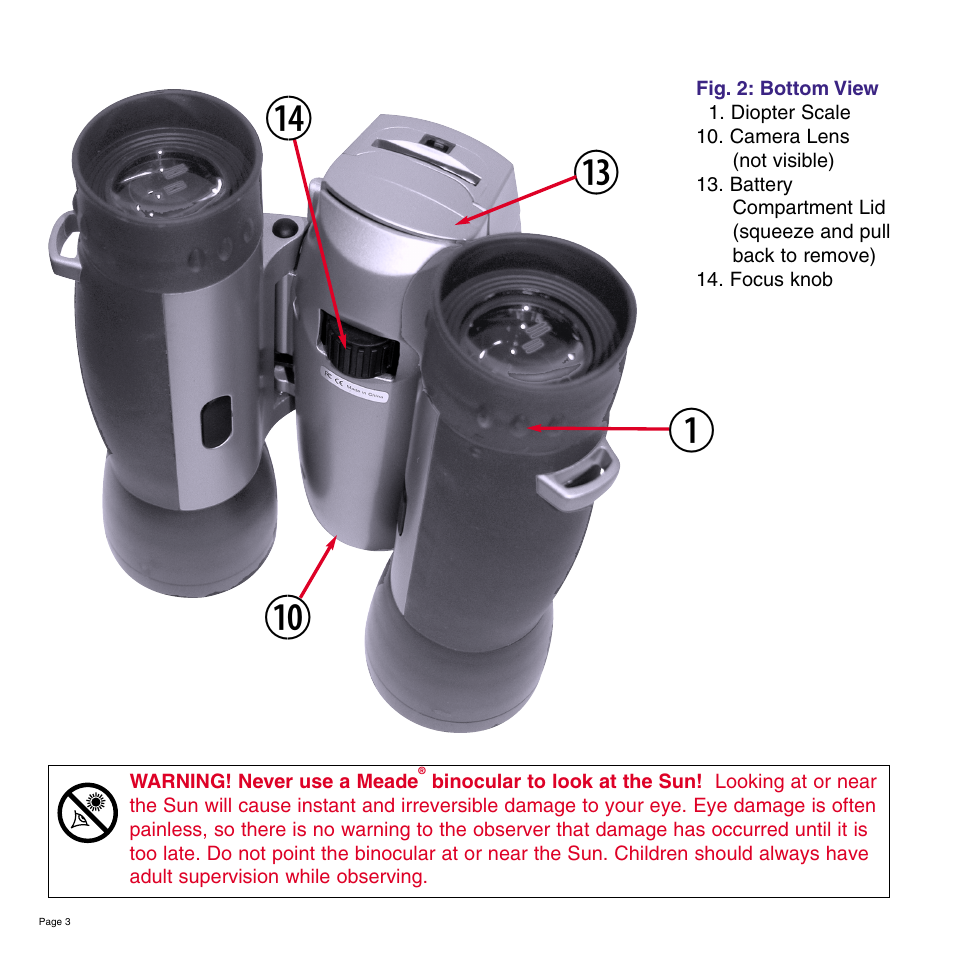 Meade Instruments 8 x 42 2.0D CaptureView TM Integrated Binocular and Digital Camera User Manual | Page 3 / 24
