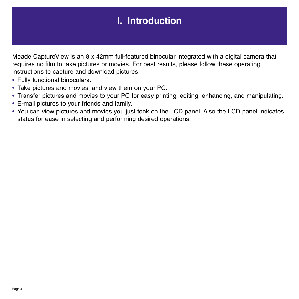 I. introduction | Meade Instruments 8 x 42 2.0D CaptureView TM Integrated Binocular and Digital Camera User Manual | Page 4 / 24