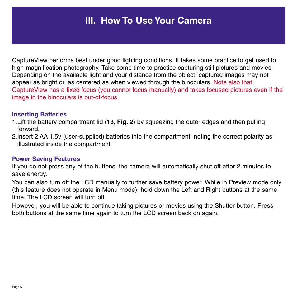 Iii. how to use your camera | Meade Instruments 8 x 42 2.0D CaptureView TM Integrated Binocular and Digital Camera User Manual | Page 6 / 24