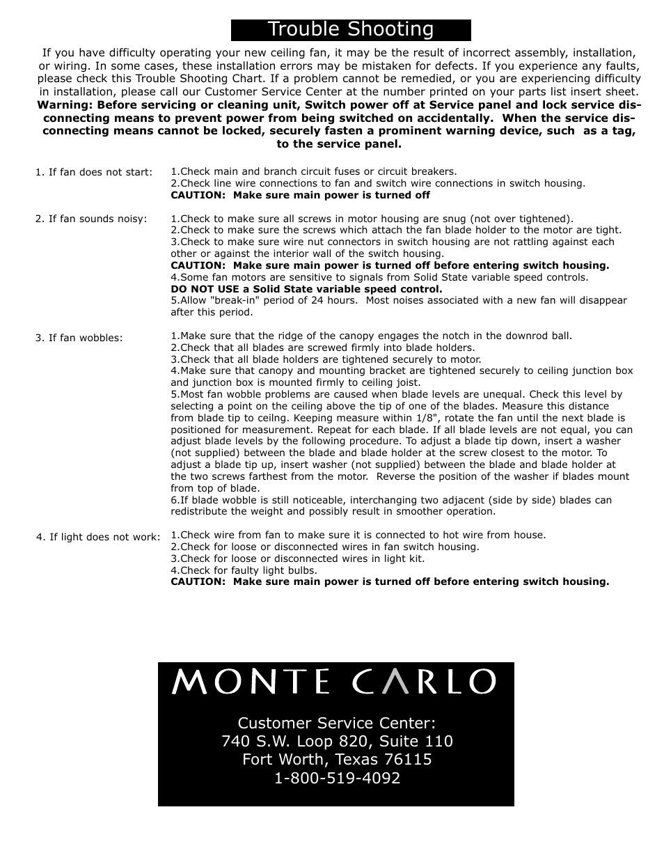 Trouble shooting | Monte Carlo Fan Company 5CE52 User Manual | Page 5 / 5