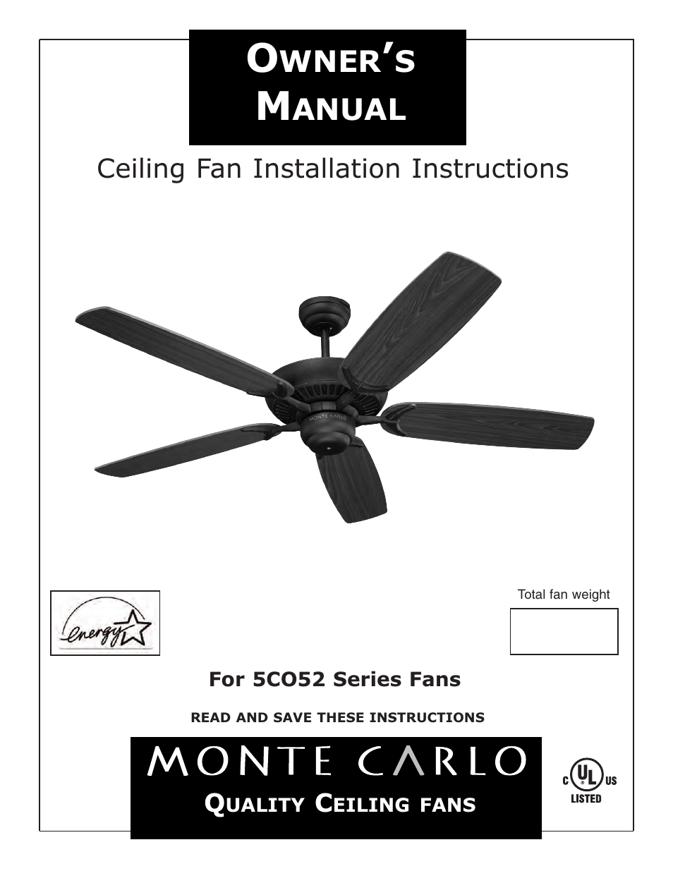 Monte Carlo Fan Company 5CO52 User Manual | 5 pages