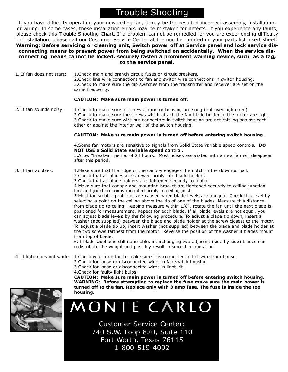 Trouble shooting | Monte Carlo Fan Company 5STR52 User Manual | Page 6 / 6