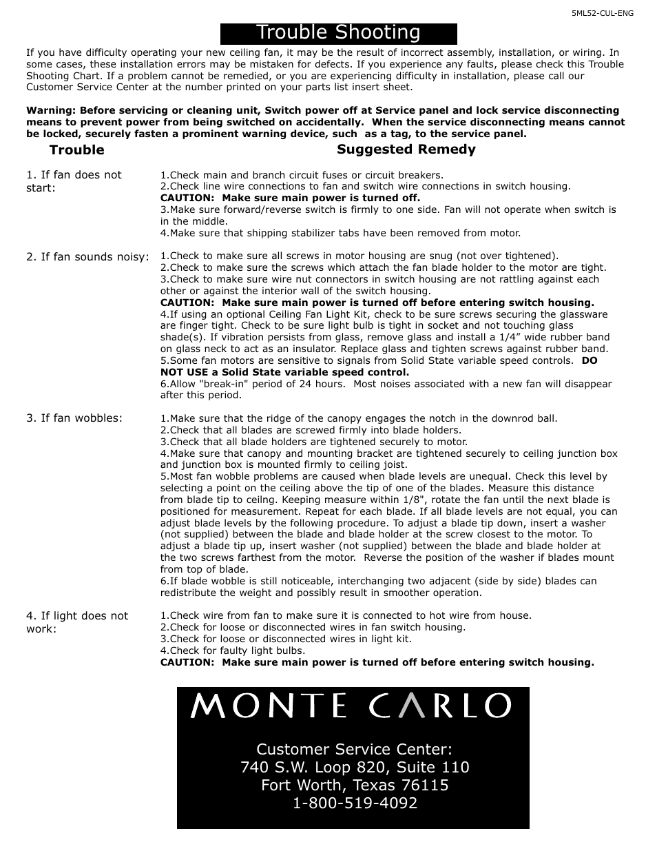 Trouble shooting | Monte Carlo Fan Company 5ML52 User Manual | Page 4 / 4