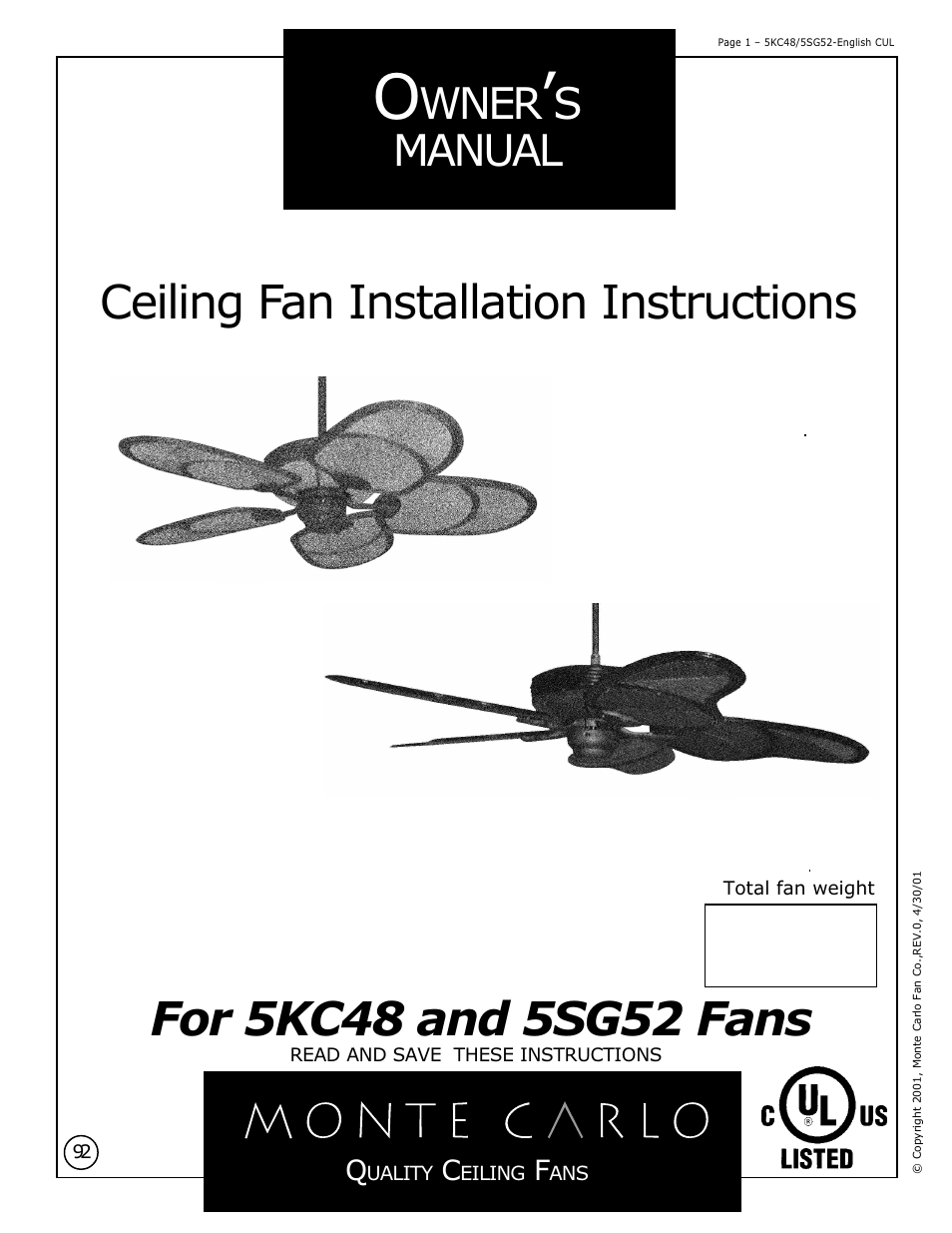 Monte Carlo Fan Company 5KC48 User Manual | 6 pages