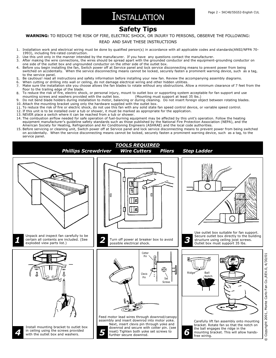 Nstallation, Safety tips | Monte Carlo Fan Company 5KC48 User Manual | Page 2 / 6