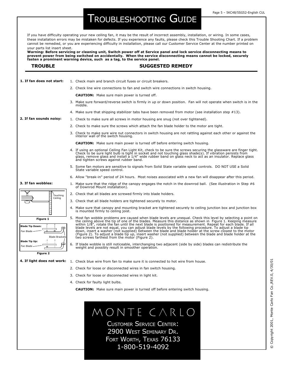 Roubleshooting, Uide, 2900 w | Monte Carlo Fan Company 5KC48 User Manual | Page 5 / 6