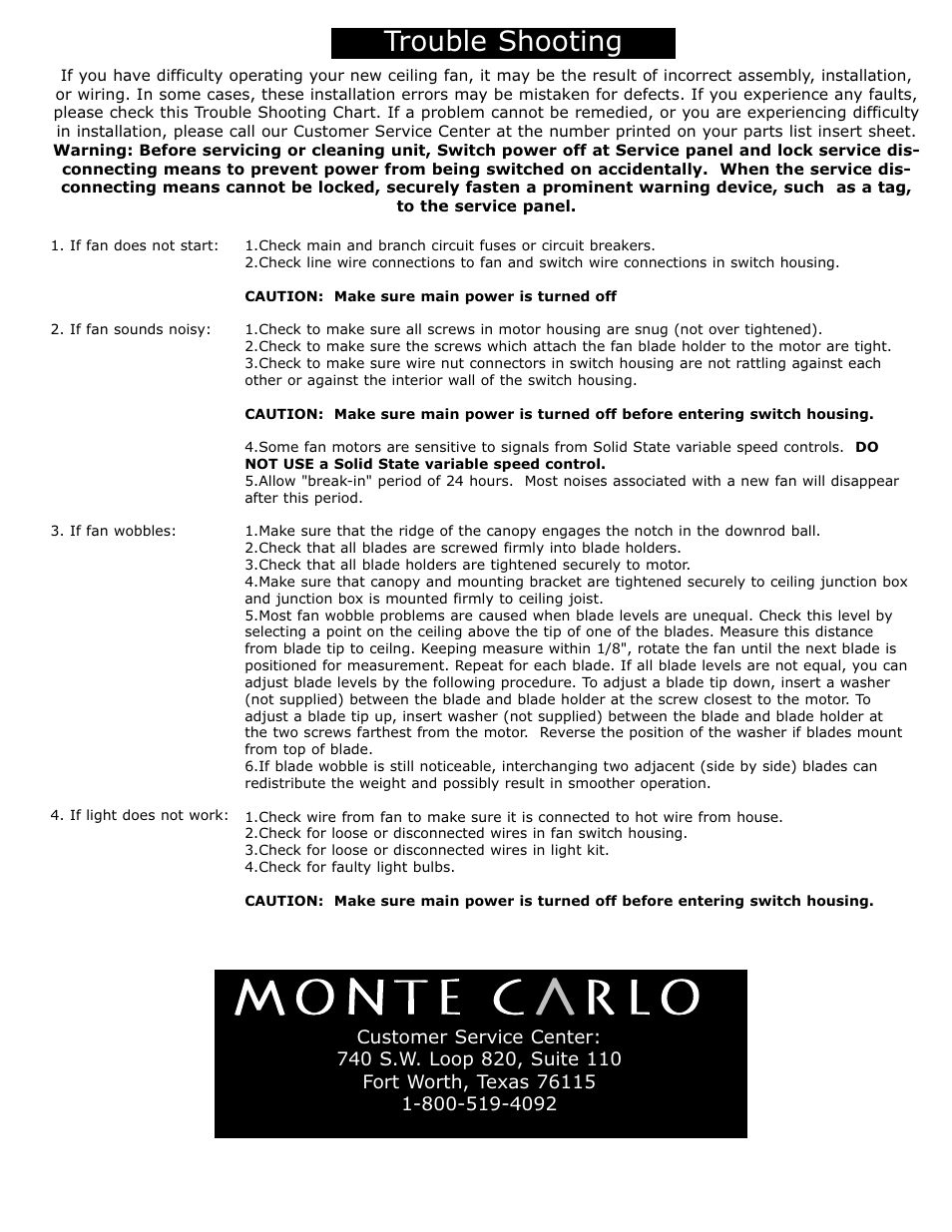 Trouble shooting | Monte Carlo Fan Company 5GL52 User Manual | Page 5 / 5