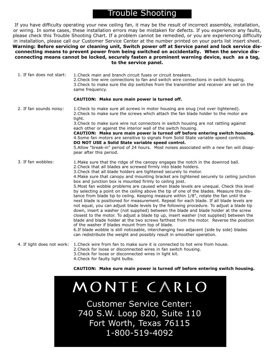 Trouble shooting | Monte Carlo Fan Company 5KBR54 User Manual | Page 6 / 6
