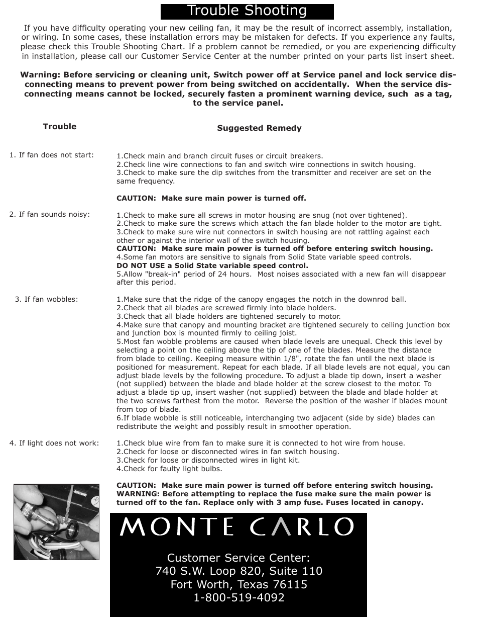 Trouble shooting | Monte Carlo Fan Company 5ROR User Manual | Page 7 / 7