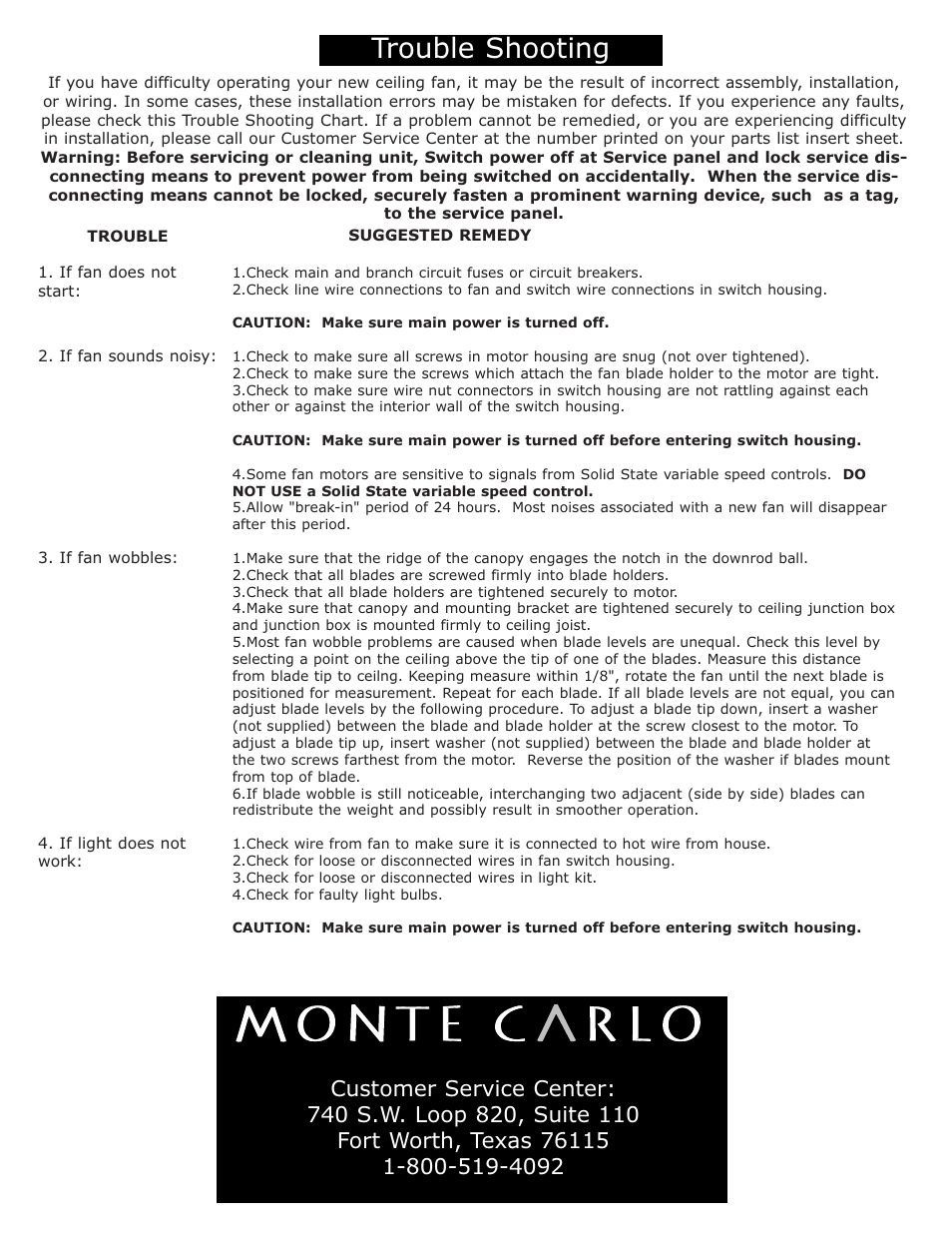 Trouble shooting | Monte Carlo Fan Company 5AB52 User Manual | Page 4 / 4