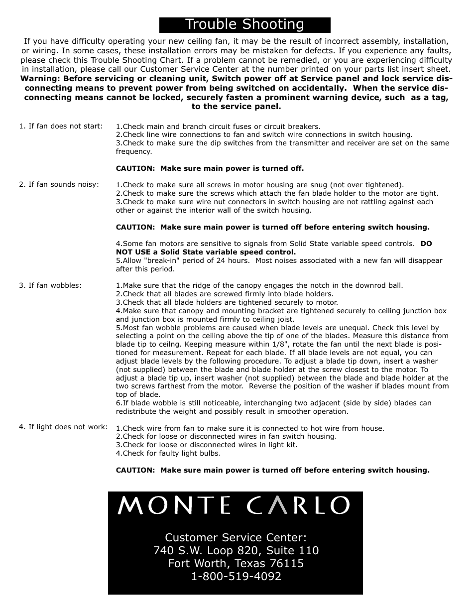 Trouble shooting | Monte Carlo Fan Company 5MX User Manual | Page 4 / 4