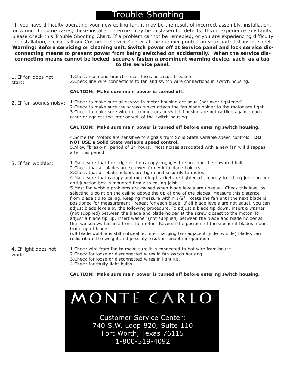 Trouble shooting | Monte Carlo Fan Company 5PE56 User Manual | Page 4 / 4