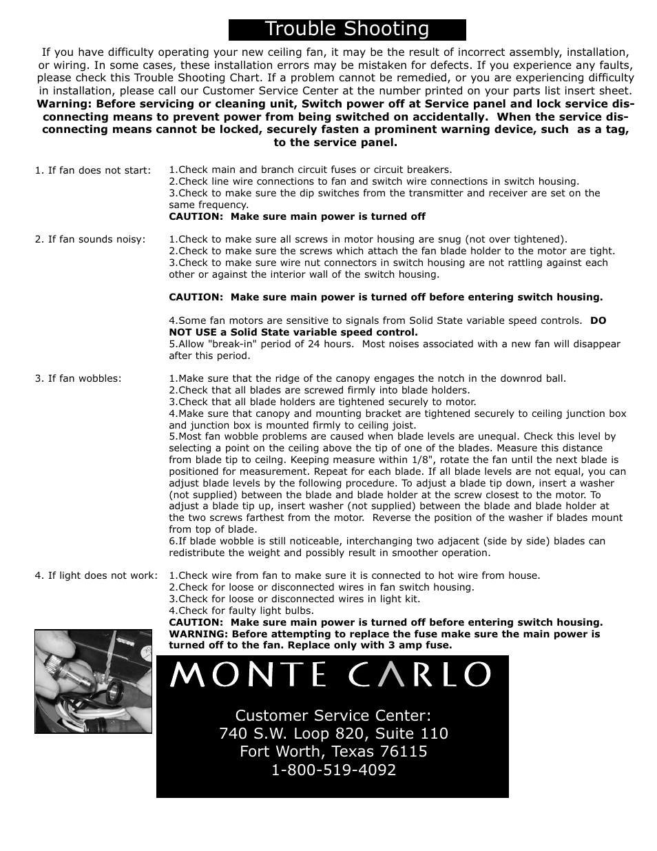 Trouble shooting | Monte Carlo Fan Company 5DOR52 User Manual | Page 6 / 6