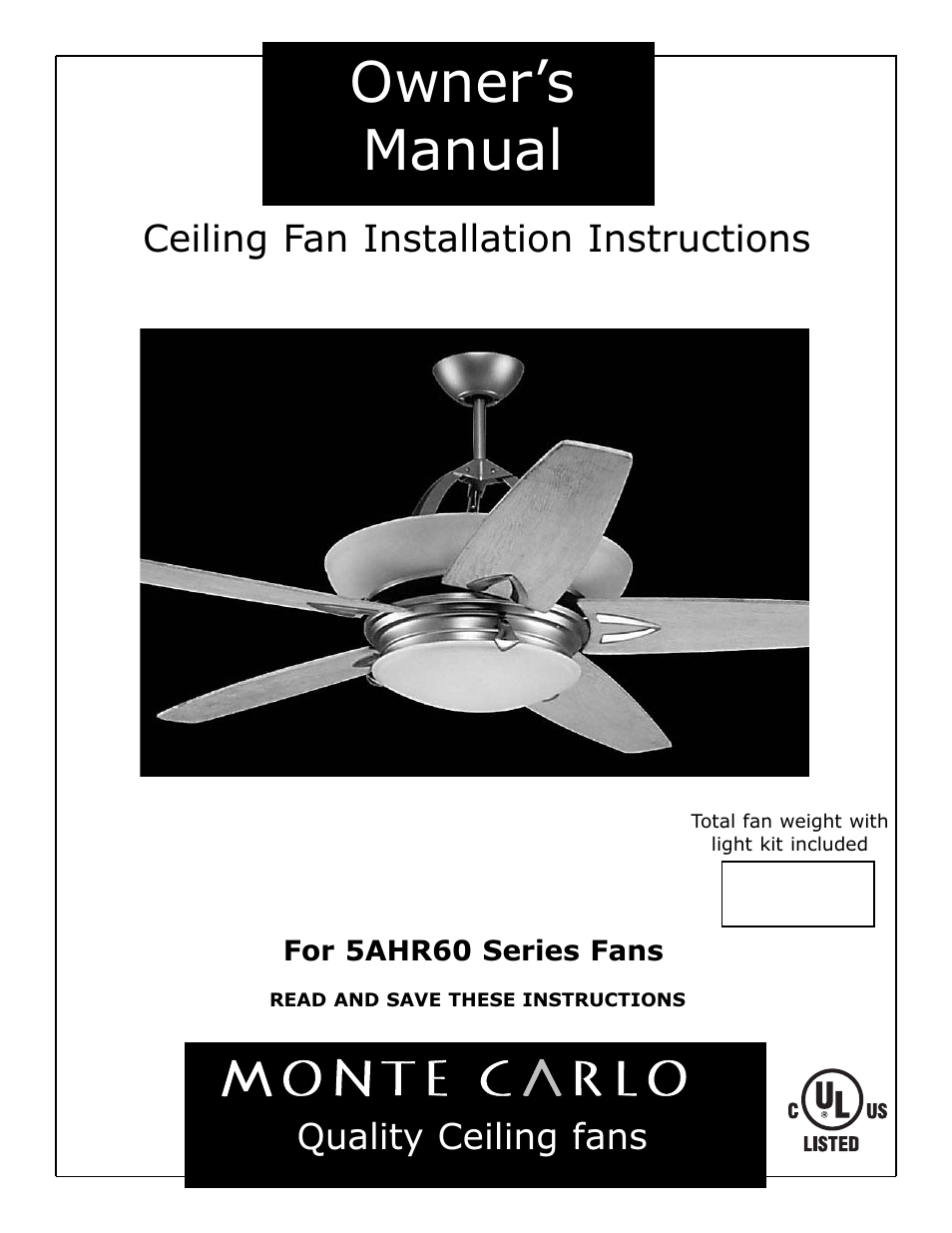 Monte Carlo Fan Company 5AHR60 User Manual | 6 pages