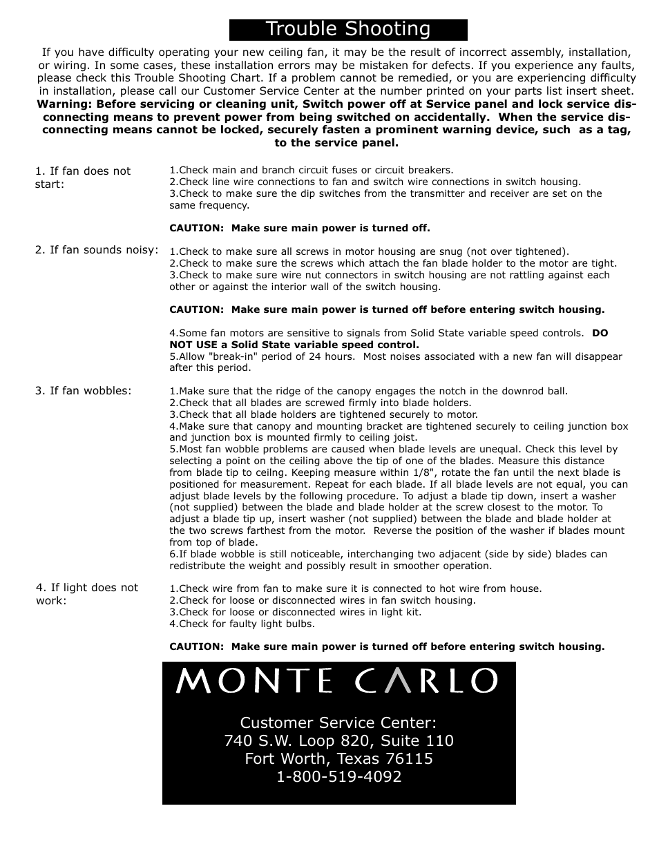 Trouble shooting | Monte Carlo Fan Company 5AHR60 User Manual | Page 6 / 6