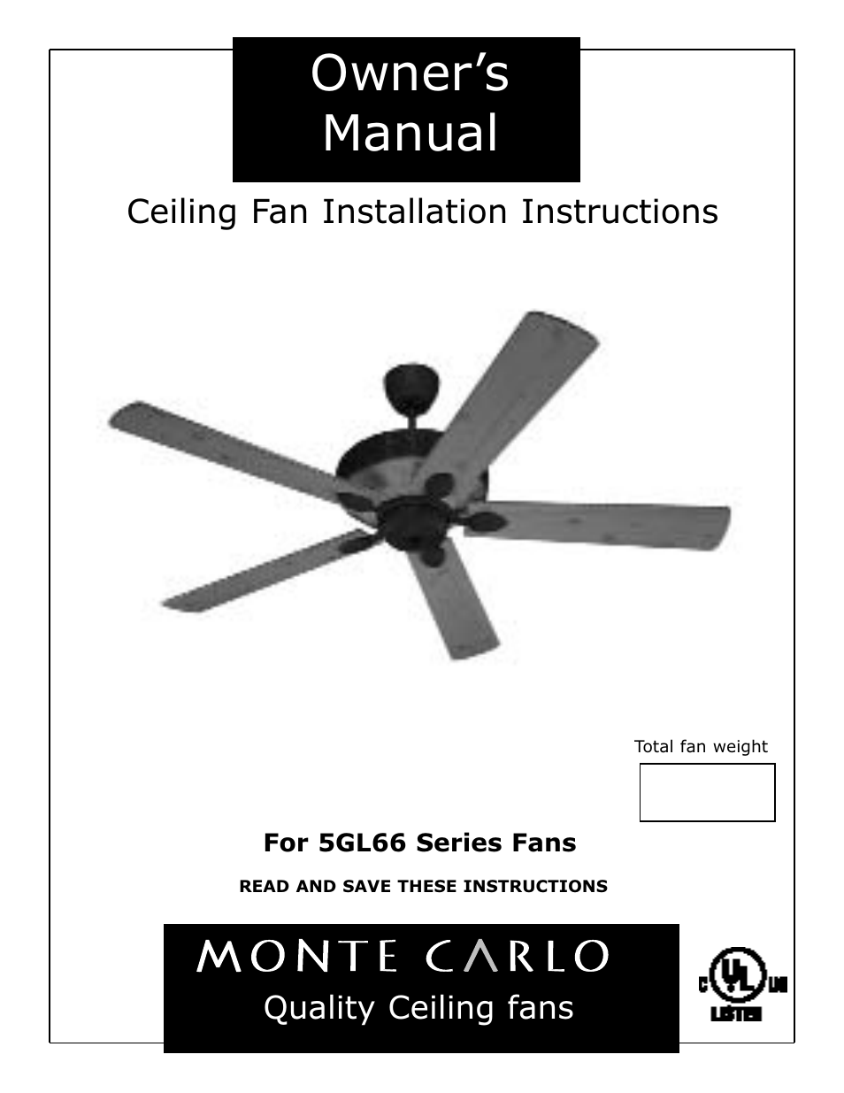 Monte Carlo Fan Company 5GL66 Series User Manual | 5 pages