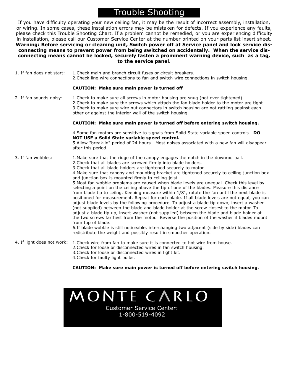 Trouble shooting | Monte Carlo Fan Company 5GL66 Series User Manual | Page 5 / 5