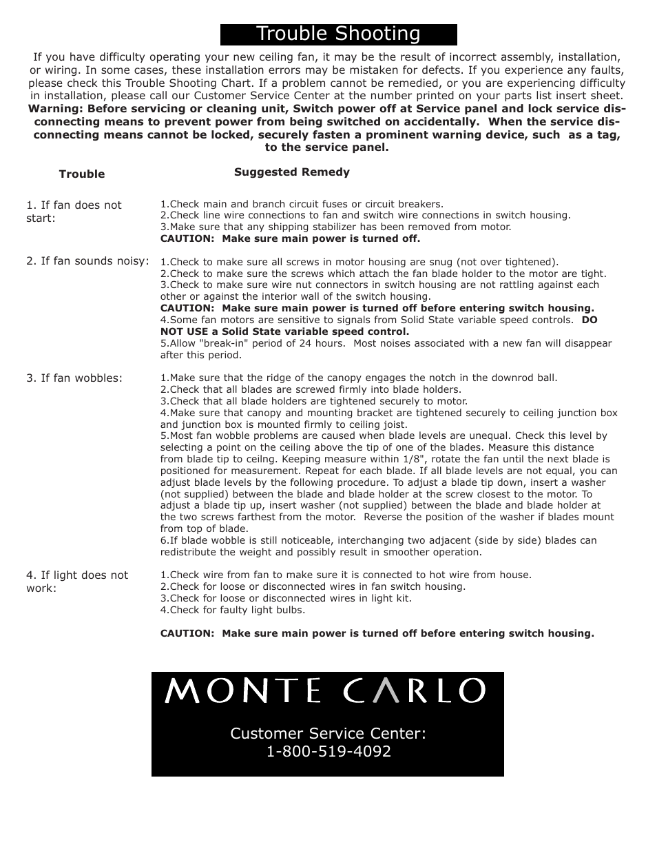 Trouble shooting | Monte Carlo Fan Company 5ED56WAD Series User Manual | Page 5 / 5