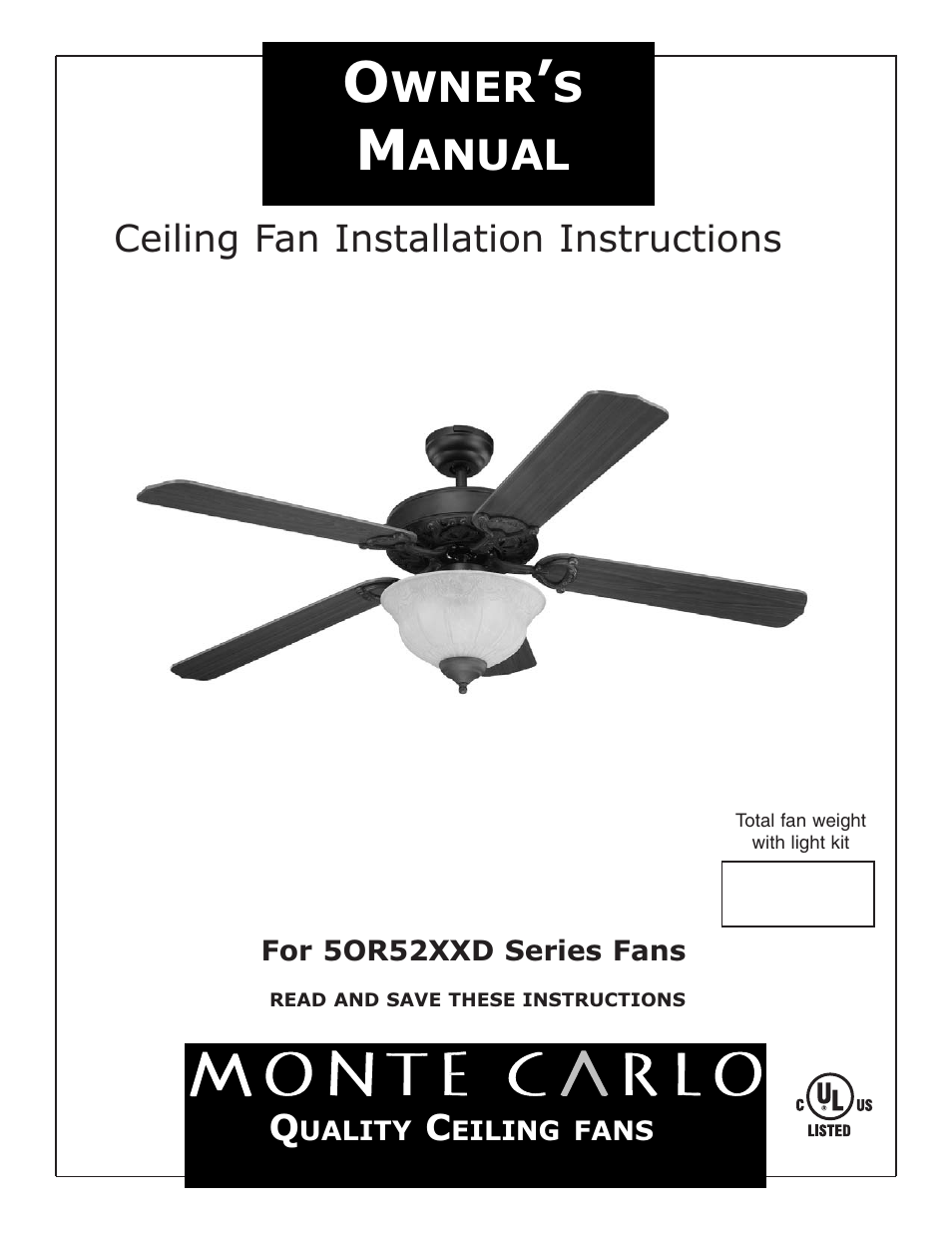 Monte Carlo Fan Company 5OR52XXD User Manual | 6 pages