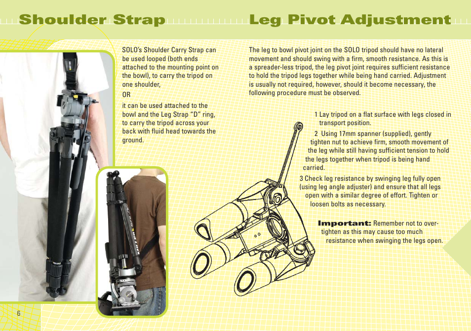 Shoulder strap, Leg pivot adjustment | Miller Camera Support 1505 User Manual | Page 6 / 8