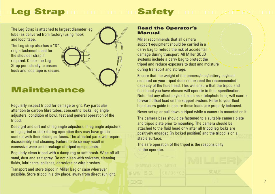 Leg strap, Maintenance, Safety | Miller Camera Support 1505 User Manual | Page 7 / 8