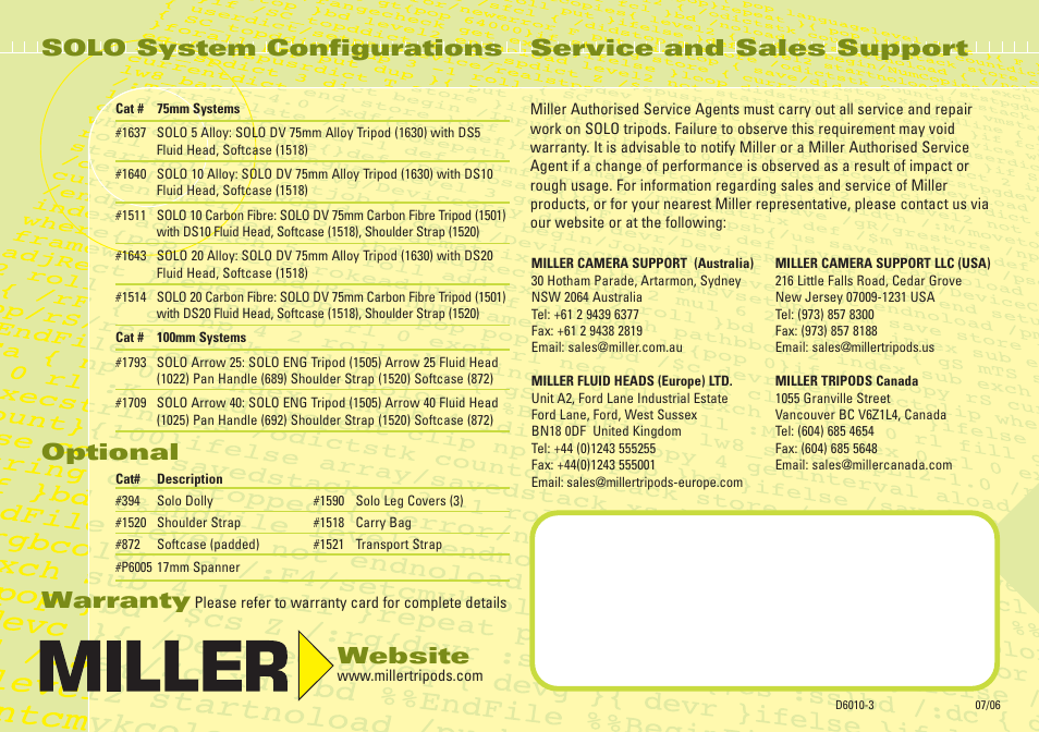 Solo system configurations, Optional, Warranty | Website, Service and sales support | Miller Camera Support 1505 User Manual | Page 8 / 8