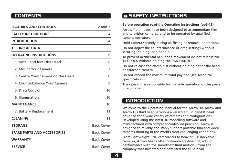 Safety instructions contents 4, Introduction | Miller Camera Support 1014 User Manual | Page 4 / 12