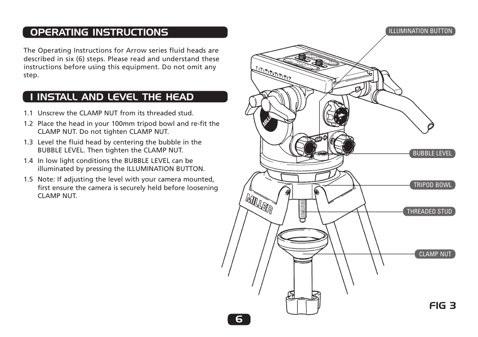 Operating instructions 6, 1 install and level the head, Fig 3 | Miller Camera Support 1014 User Manual | Page 6 / 12