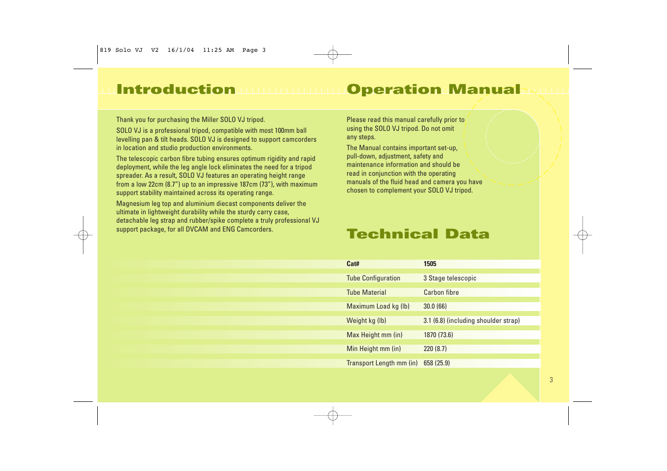 Introduction, Operation manual, Technical data | Miller Camera Support TRIPOD SERIES User Manual | Page 3 / 8