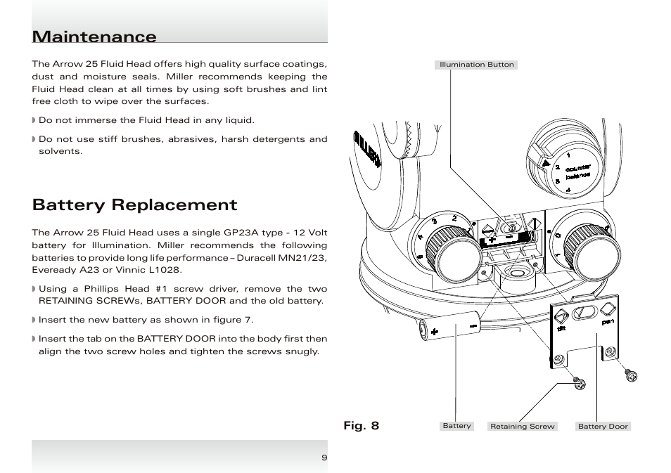 Battery replacement, Maintenance, Fig. 8 | Miller Arrow 25 User Manual | Page 10 / 12