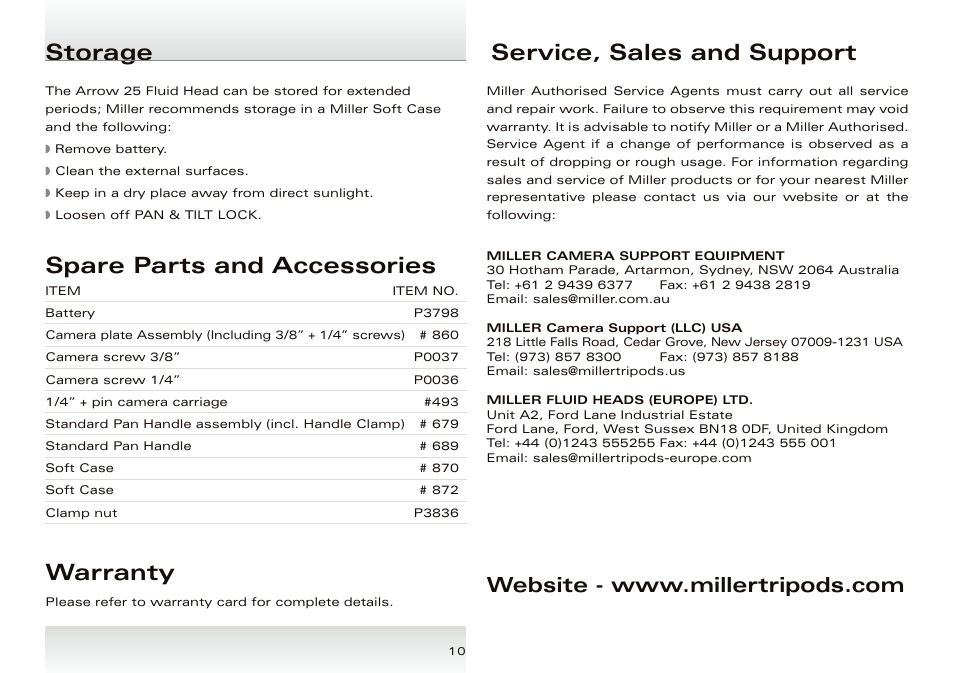 Spare parts and accessories, Warranty, Storage service, sales and support | Miller Arrow 25 User Manual | Page 11 / 12