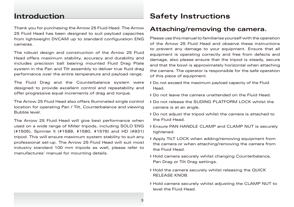 Introduction safety instructions, Attaching/removing the camera | Miller Arrow 25 User Manual | Page 4 / 12