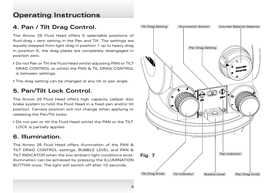 Operating instructions, Pan / tilt drag control, Pan/tilt lock control | Illumination, Fig. 7 | Miller Arrow 25 User Manual | Page 9 / 12