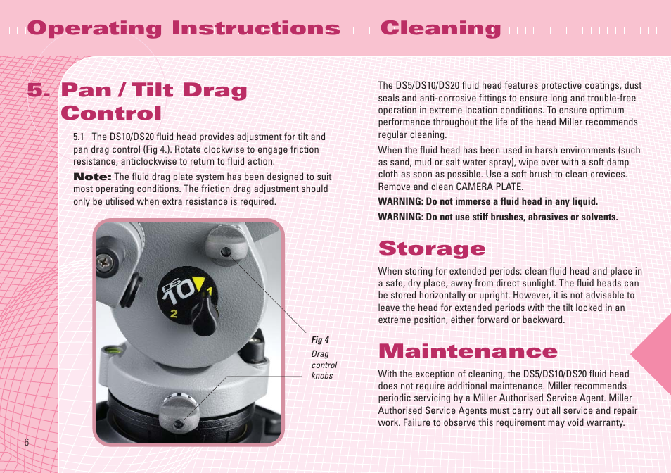 Storage, Maintenance, Cleaning | Operating instructions 5. pan / tilt drag control | Miller Camera Support DS10 User Manual | Page 6 / 8