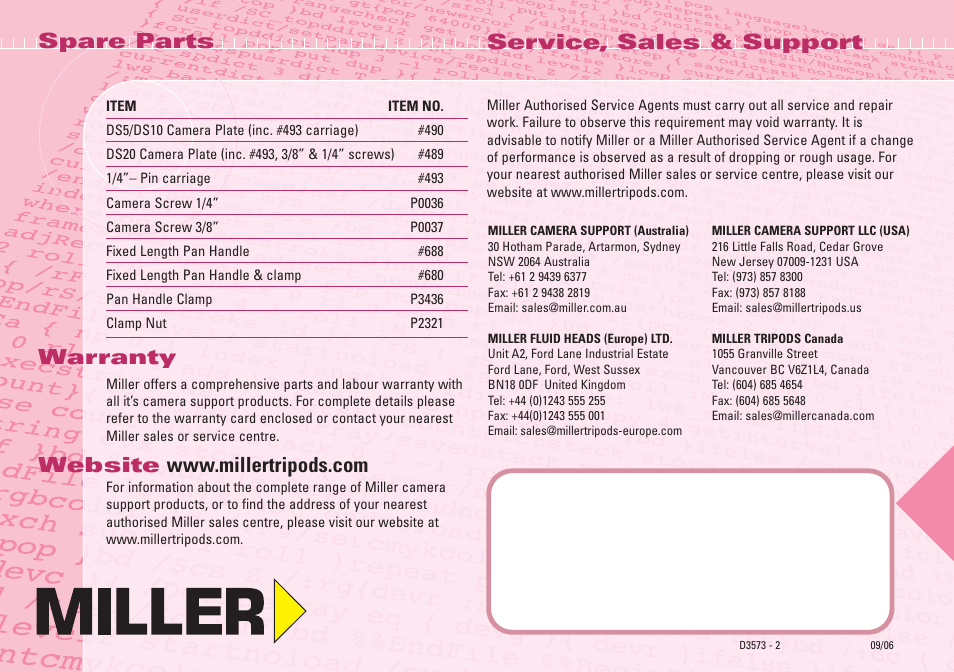 Warranty, Service, sales & support, Spare parts | Miller Camera Support DS10 User Manual | Page 8 / 8