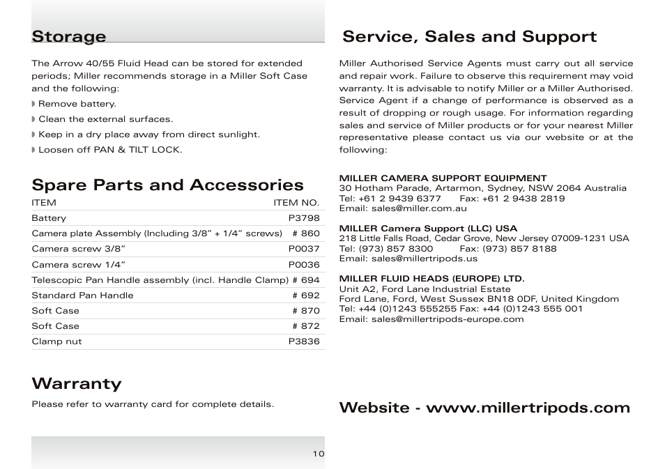 Spare parts and accessories, Warranty, Storage service, sales and support | Miller Arrow 55 User Manual | Page 11 / 12